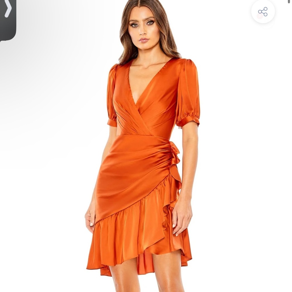 Mac Duggal Orange Fit and Flare Dress with Puff Sleeves